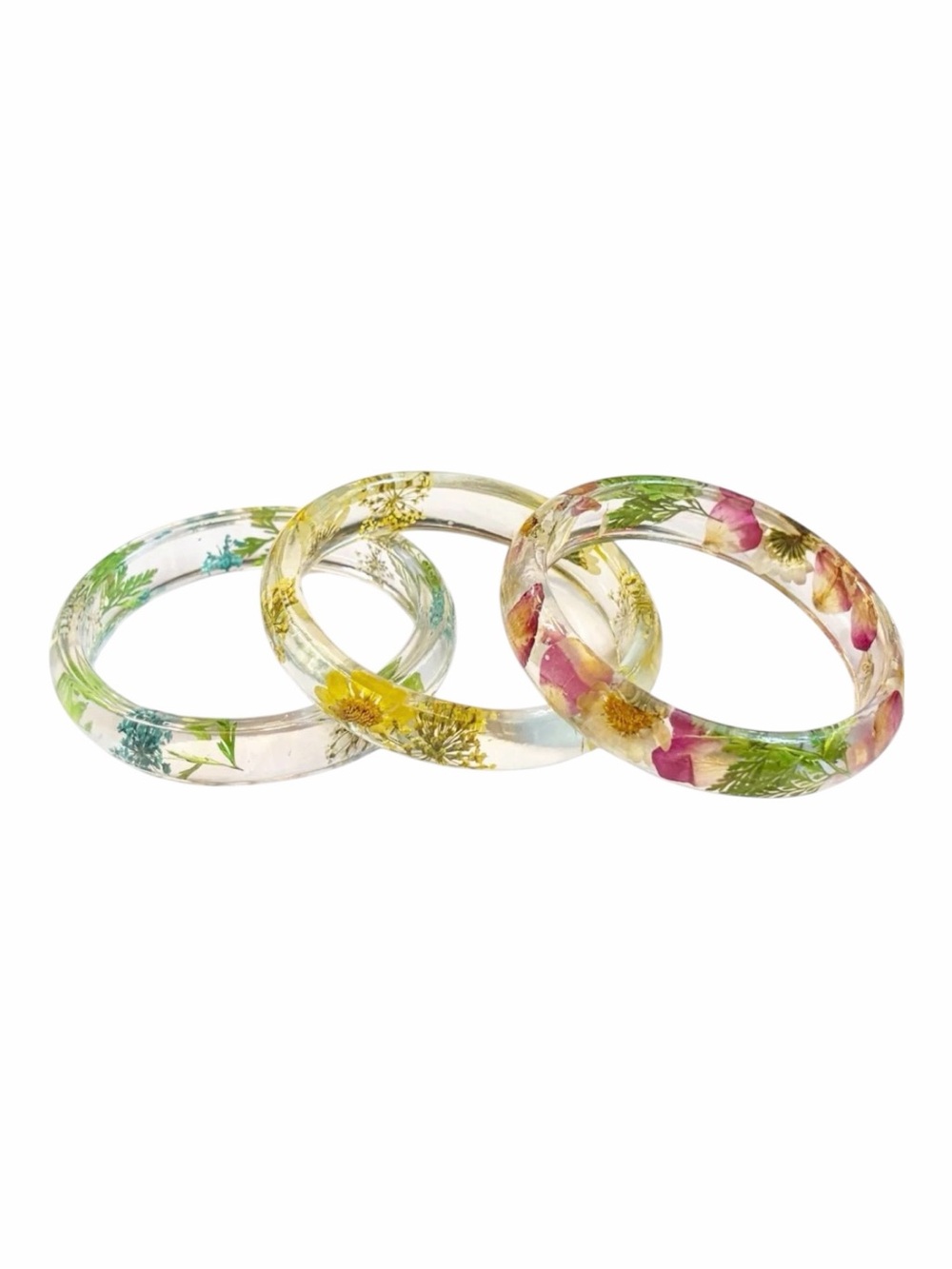 Dried Flower Clear Lucite Bangle Bracelets Bundle Lot of Three Bangles